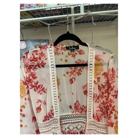LULUS CREAM FLORAL PRINT CHIFFON DUSTER SIZE SMALL - Picture 4 of 4